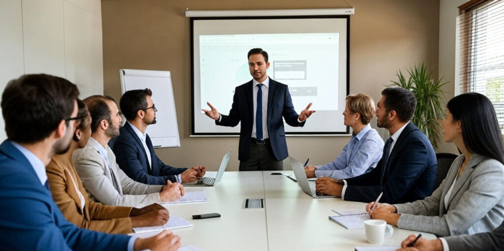 Manager speaking to employees in boardroom.