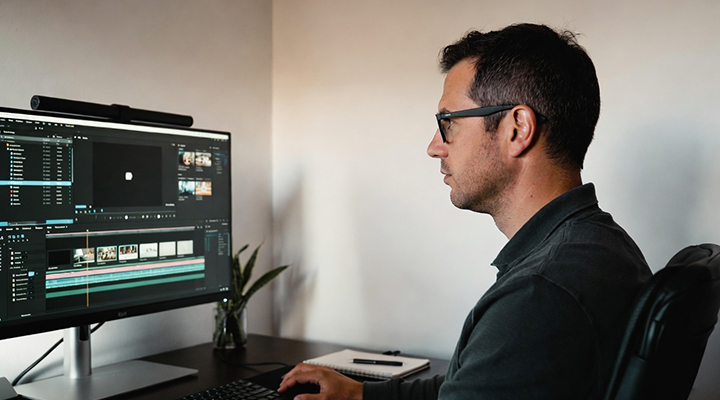 Editor at desk working on video sequence.